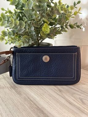 Coach Leather Wristlet Clutch in Navy with Contrast Stitching